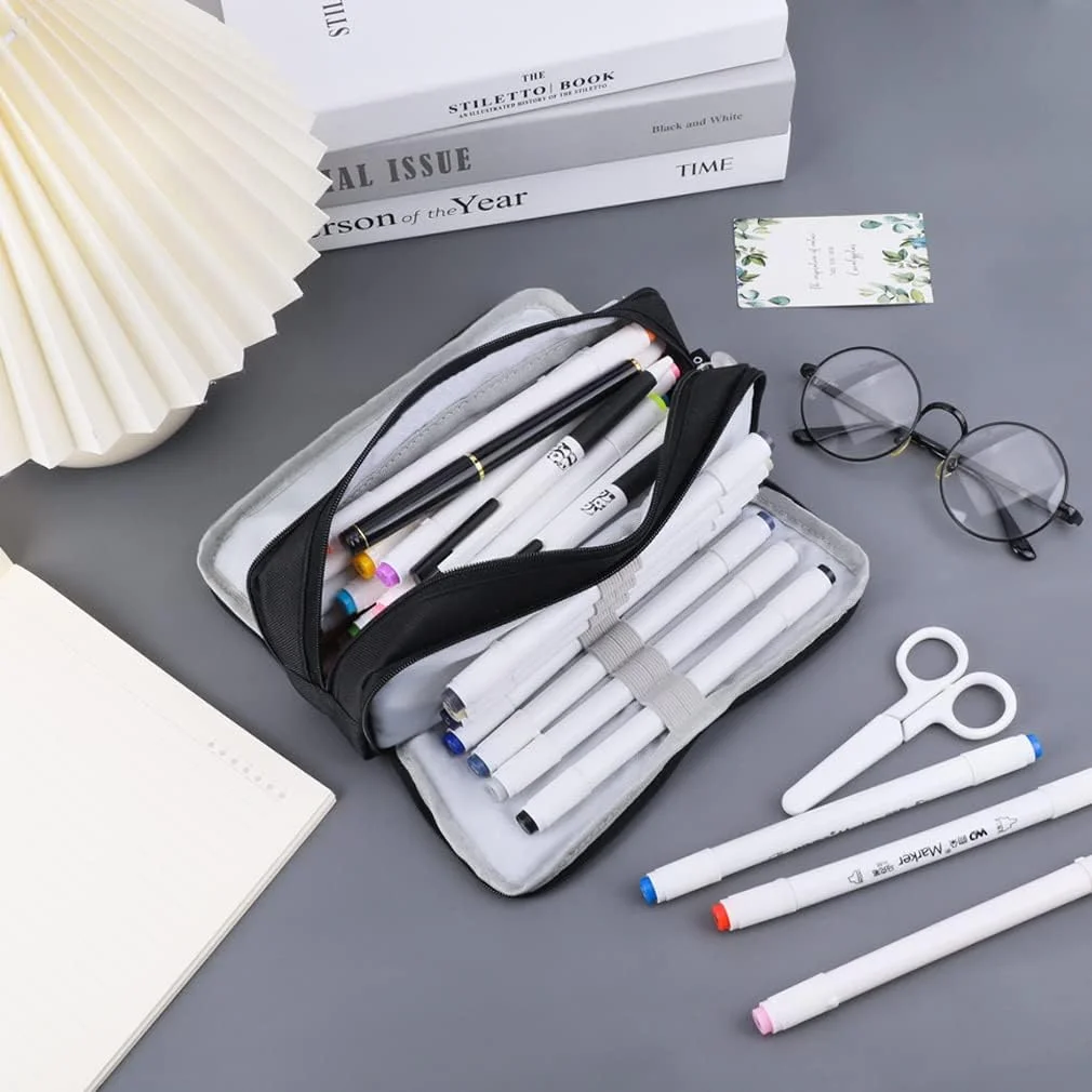 Multi-Compartment Pencil Case for Students | Office Large Capacity Stationery Organiser with Elastic Pen Slots Dual Zippers Fabric Zippered Pouch Black for School and Office Use image 3