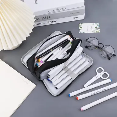 Multi-Compartment Pencil Case for Students | Office Large Capacity Stationery Organiser with Elastic Pen Slots Dual Zippers Fabric Zippered Pouch Black for School and Office Use thumbnail 2
