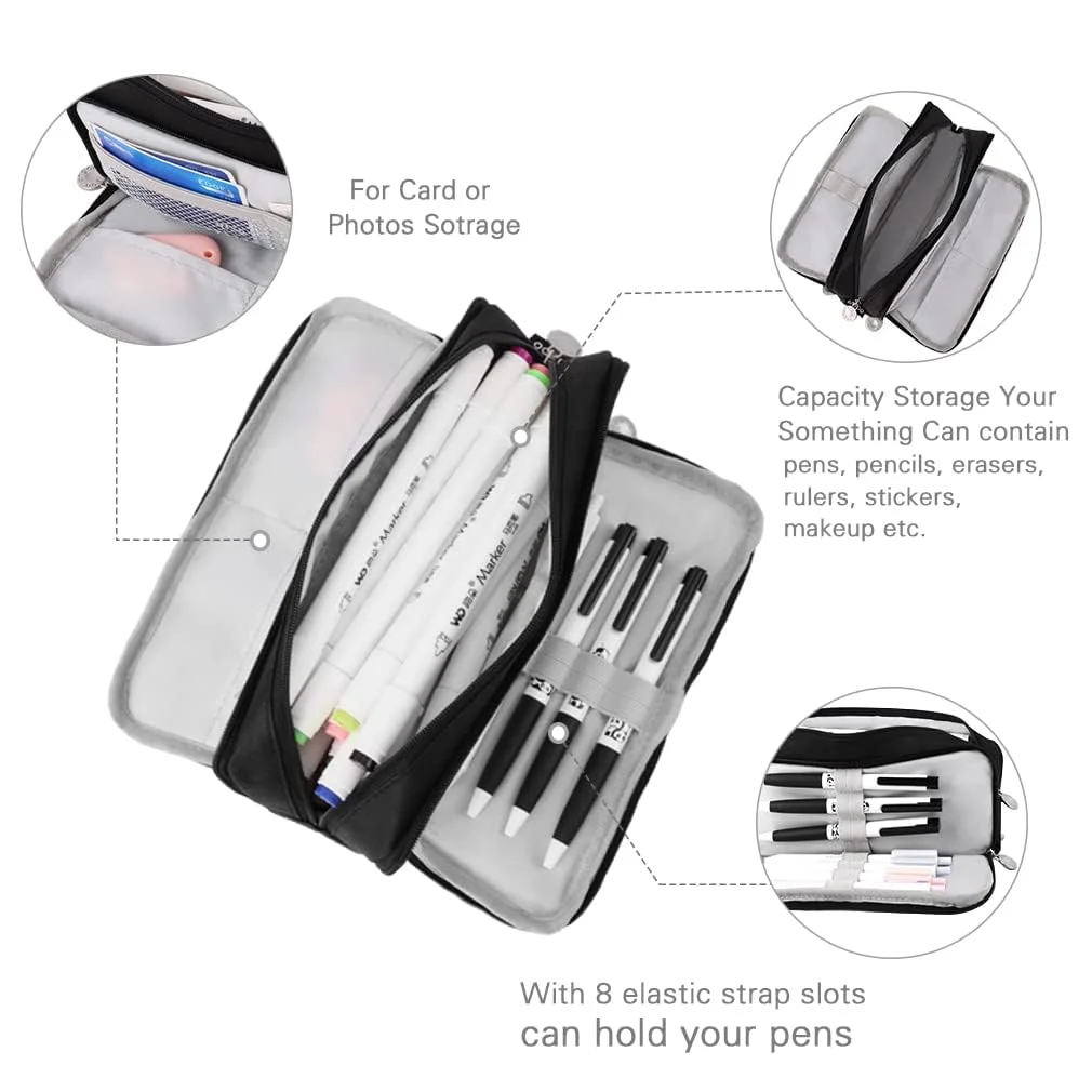 Multi-Compartment Pencil Case for Students | Office Large Capacity Stationery Organiser with Elastic Pen Slots Dual Zippers Fabric Zippered Pouch Black for School and Office Use image 4