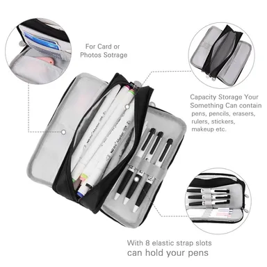 Multi-Compartment Pencil Case for Students | Office Large Capacity Stationery Organiser with Elastic Pen Slots Dual Zippers Fabric Zippered Pouch Black for School and Office Use thumbnail 3