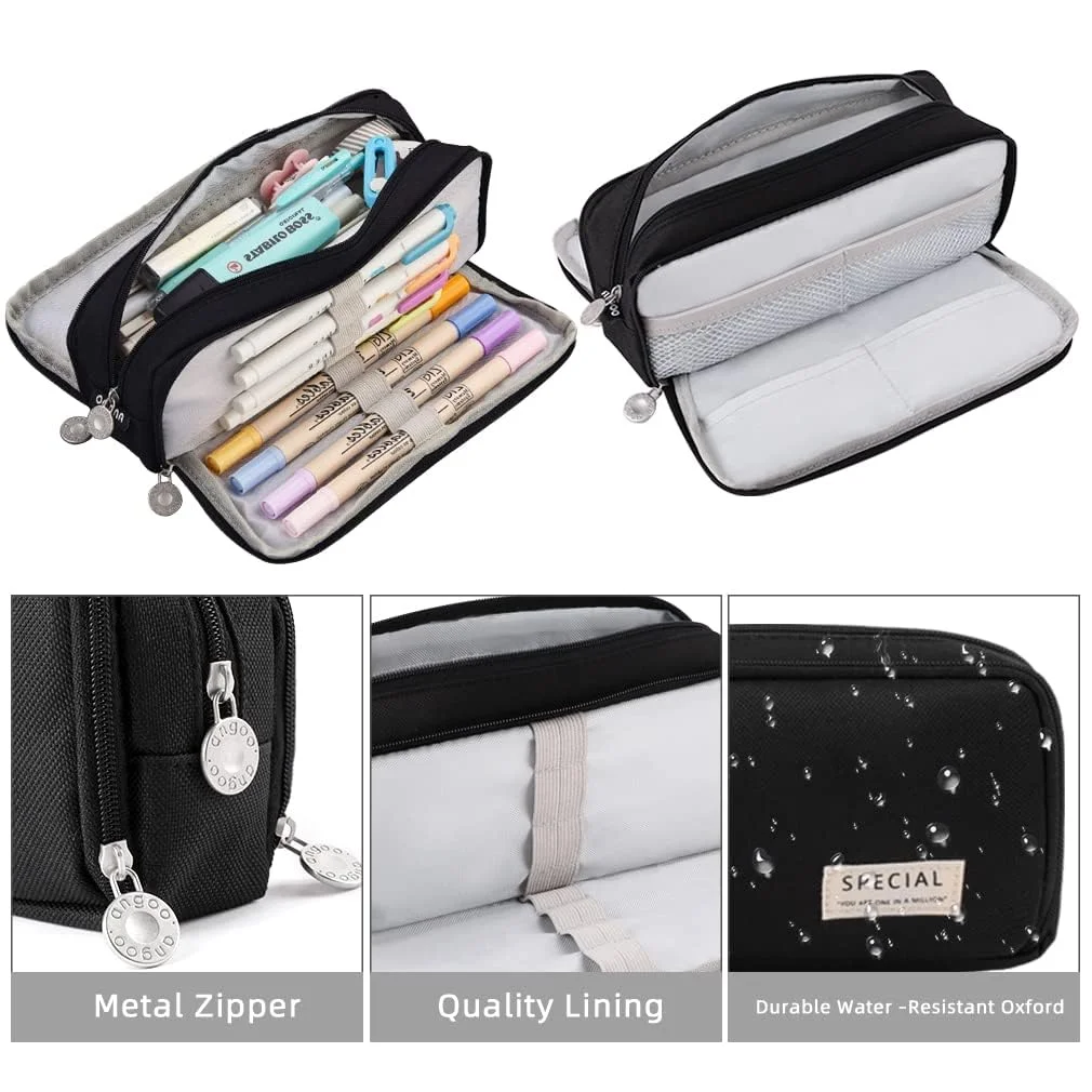 Multi-Compartment Pencil Case for Students | Office Large Capacity Stationery Organiser with Elastic Pen Slots Dual Zippers Fabric Zippered Pouch Black for School and Office Use image 5