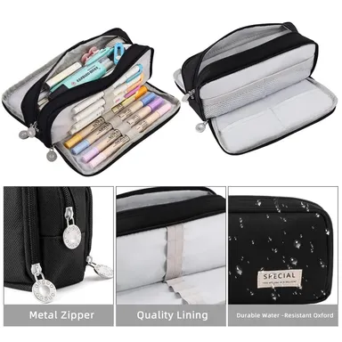 Multi-Compartment Pencil Case for Students | Office Large Capacity Stationery Organiser with Elastic Pen Slots Dual Zippers Fabric Zippered Pouch Black for School and Office Use thumbnail 4