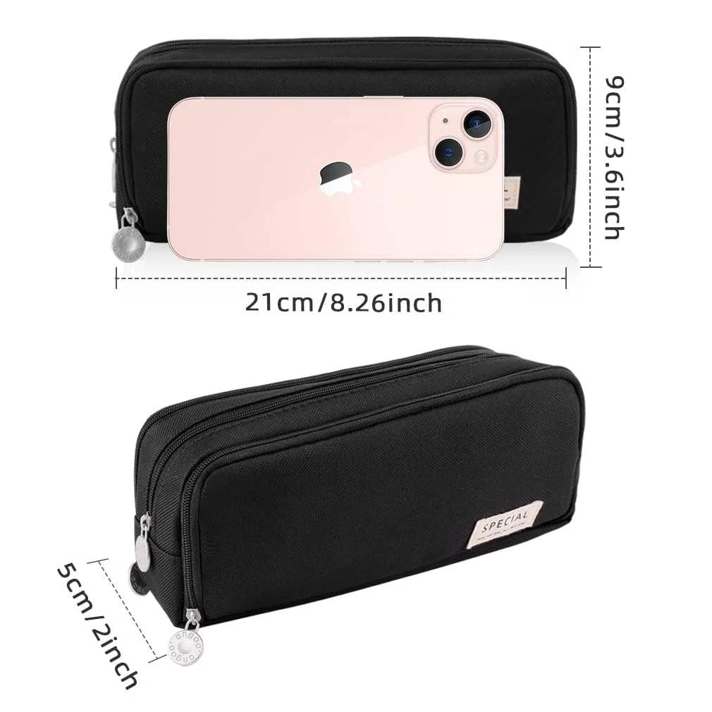 Multi-Compartment Pencil Case for Students | Office Large Capacity Stationery Organiser with Elastic Pen Slots Dual Zippers Fabric Zippered Pouch Black for School and Office Use image 7