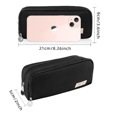 Multi-Compartment Pencil Case for Students | Office Large Capacity Stationery Organiser with Elastic Pen Slots Dual Zippers Fabric Zippered Pouch Black for School and Office Use thumbnail 6