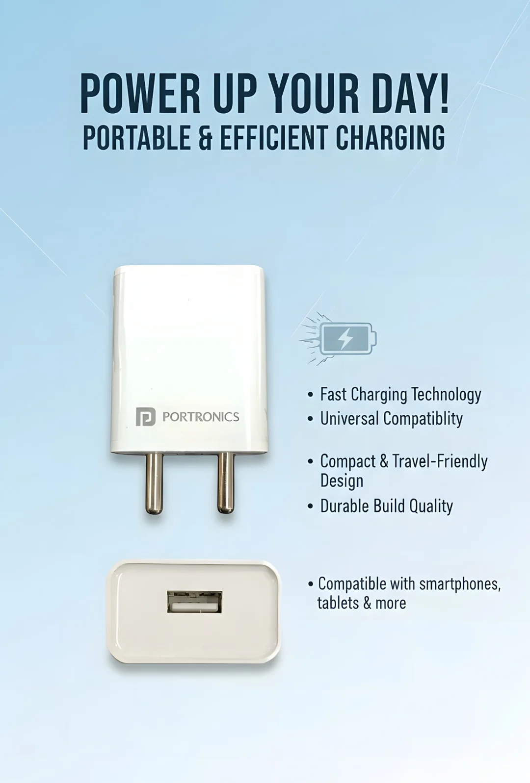 Portronics Adapto 12 / Adapto 41 / Adapto 62 12W Fast Micro USB Wall Charger Single USB Port 2.4A 1M Cable Smart Safe Charging for Smartphones Tablets India image 2