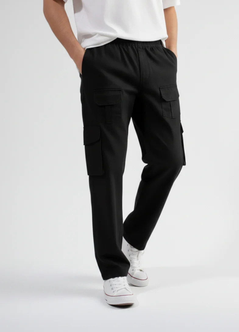 FABRIZER Mens Black Cargo Pants M Size Durable Cotton Utility Trousers Multi‑Pocket Casual Streetwear for Men Work Casual Urban Outfit India image 3
