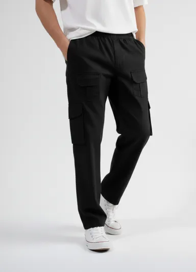 FABRIZER Mens Black Cargo Pants M Size Durable Cotton Utility Trousers Multi‑Pocket Casual Streetwear for Men Work Casual Urban Outfit India thumbnail 2