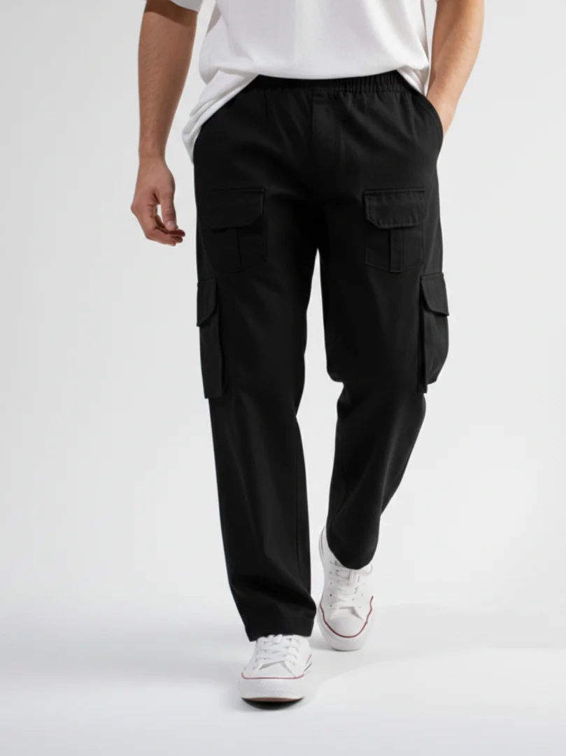 FABRIZER Mens Black Cargo Pants M Size Durable Cotton Utility Trousers Multi‑Pocket Casual Streetwear for Men Work Casual Urban Outfit India image 1