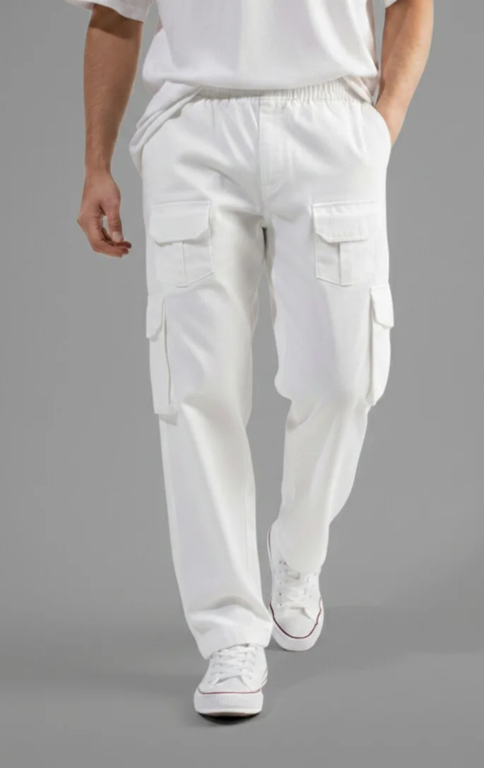 FABRIZER Mens White Cotton Cargo Pants Regular Fit Multi Pocket Casual Utility Trousers for Men Everyday Wear Street Style Travel Outdoor Workwear India image 1