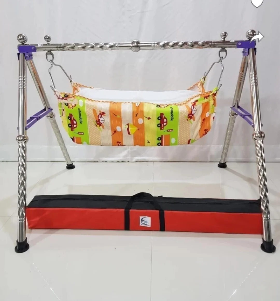 Stainless Steel Baby Cradle Swing for Newborns and Infants – Foldable, Portable, with Colorful Cotton Fabric & Adjustable Safety Hooks for Indoor & Outdoor Use image 1