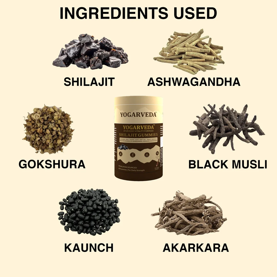 YOGARVEDA™ Himalayan Shilajit Gummies | 70%+ Fulvic Acid | Energy, Strength & Stamina Booster | With Ashwagandha, Gokshura & Black Musli | 100% Ayurvedic | Tamarind Flavour | 60 Gummies image 5