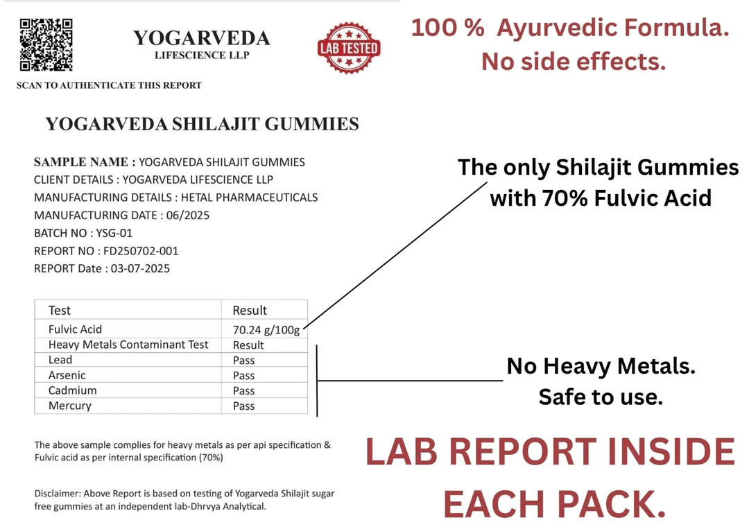 YOGARVEDA™ Himalayan Shilajit Gummies | 70%+ Fulvic Acid | Energy, Strength & Stamina Booster | With Ashwagandha, Gokshura & Black Musli | 100% Ayurvedic | Tamarind Flavour | 60 Gummies image 6