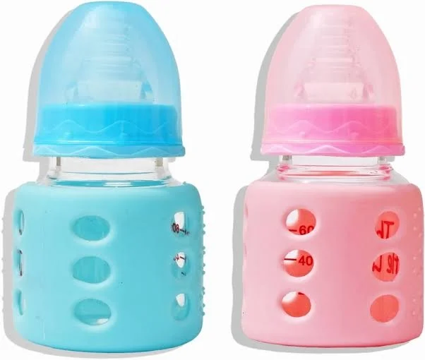 The Little Lookers Glass Feeding Bottle 60 ml for Newborns & Infants with Silicone Warmer Cover, BPA Free Small Capacity Baby Milk Bottle for 0–6 Months (Pink & Blue) image 1