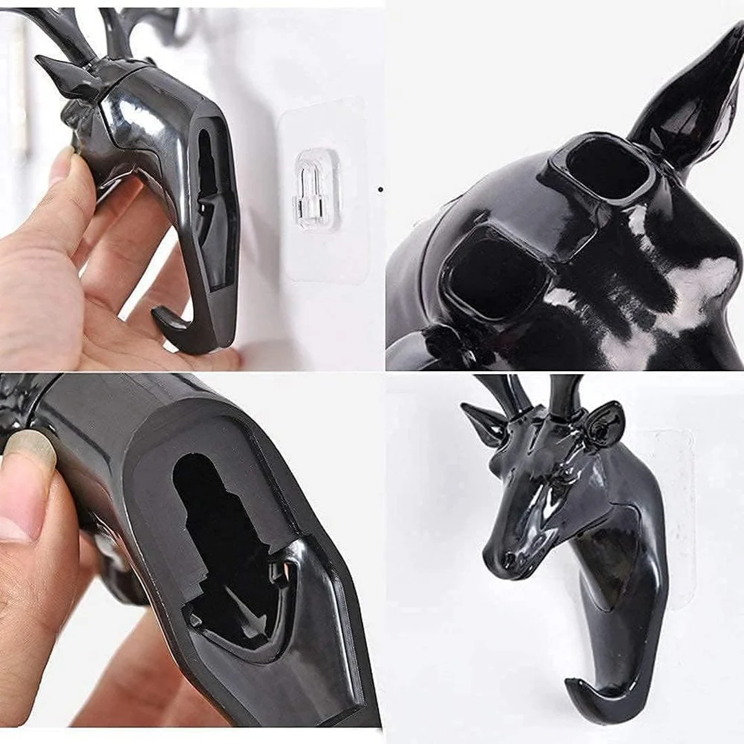 Deer Head Hook Self Adhesive Wall Door Hook Hanger for Bags Keys Sticky Holder Wall Mount |Black image 2