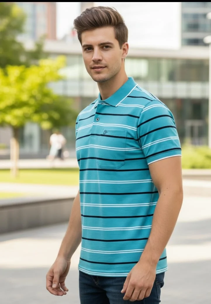 Men Aqua Striped Collared T-Shirt with Pocket Half Sleeve Regular Fit Casual Wear Size 40 image 2