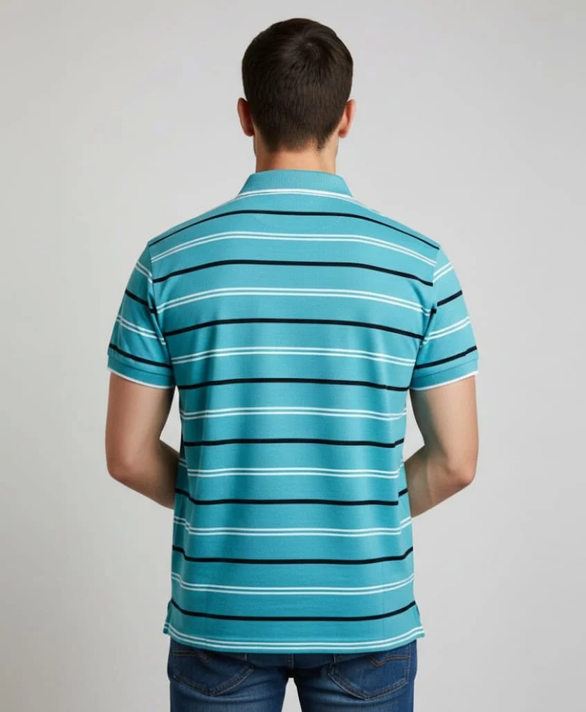 Men Aqua Striped Collared T-Shirt with Pocket Half Sleeve Regular Fit Casual Wear Size 40 image 3
