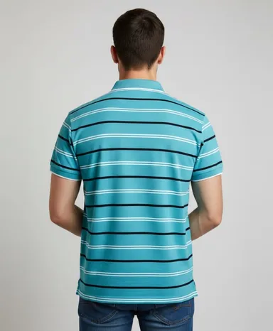 Men Aqua Striped Collared T-Shirt with Pocket Half Sleeve Regular Fit Casual Wear Size 40 thumbnail 2
