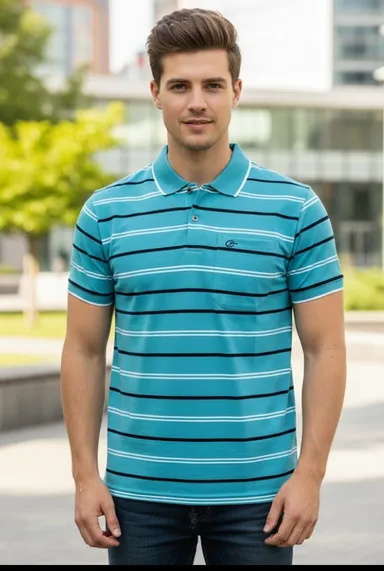 Men Aqua Striped Collared T-Shirt with Pocket Half Sleeve Regular Fit Casual Wear XL Size thumbnail 0