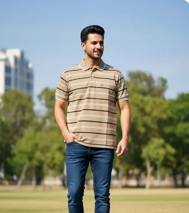 Men Cotton Collar Striped T-Shirt with Pocket Half Sleeve | Beige thumbnail 0