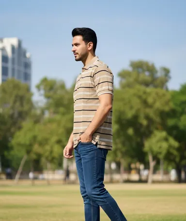 Men Cotton Collared Striped Half Sleeve T-Shirt with Pocket Beige XXL Casual Polo Neck Premium Breathable Summer Tee thumbnail 1