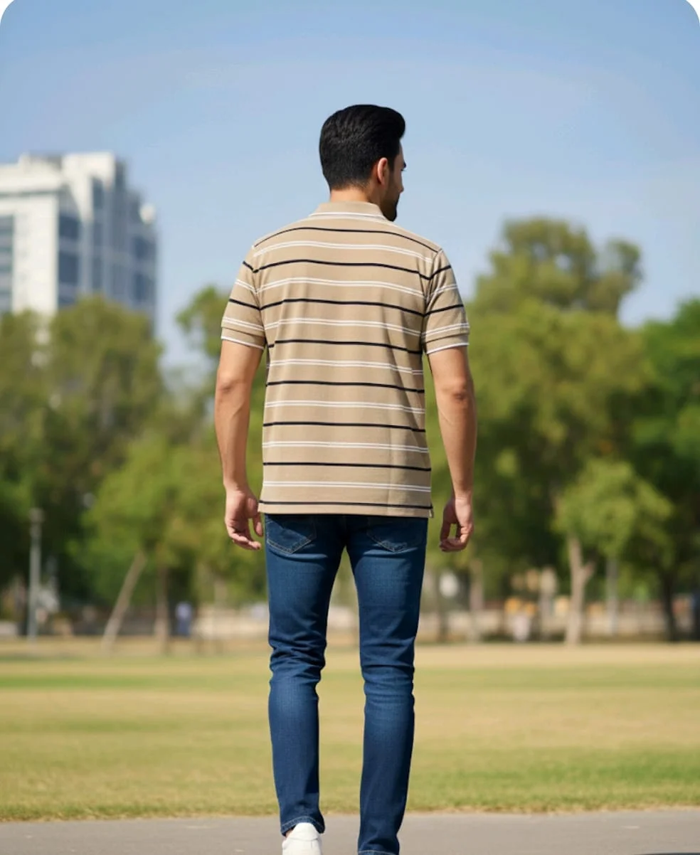 Men Cotton Collared Striped Half Sleeve T-Shirt with Pocket Beige XXL Casual Polo Neck Premium Breathable Summer Tee image 3