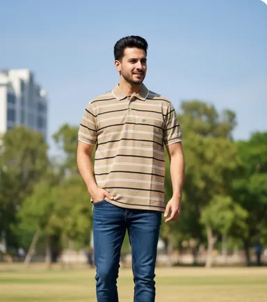 Men Cotton Collared Striped Half Sleeve T-Shirt with Pocket Beige XXL Casual Polo Neck Premium Breathable Summer Tee thumbnail 0