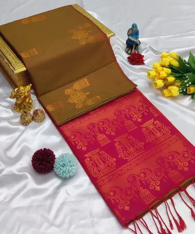  Dual-Tone Coffee Brown and Magenta Pink Kanchipuram Silk Saree with Traditional Copper Zari Temple Border and Ornamental Butta Work thumbnail 0