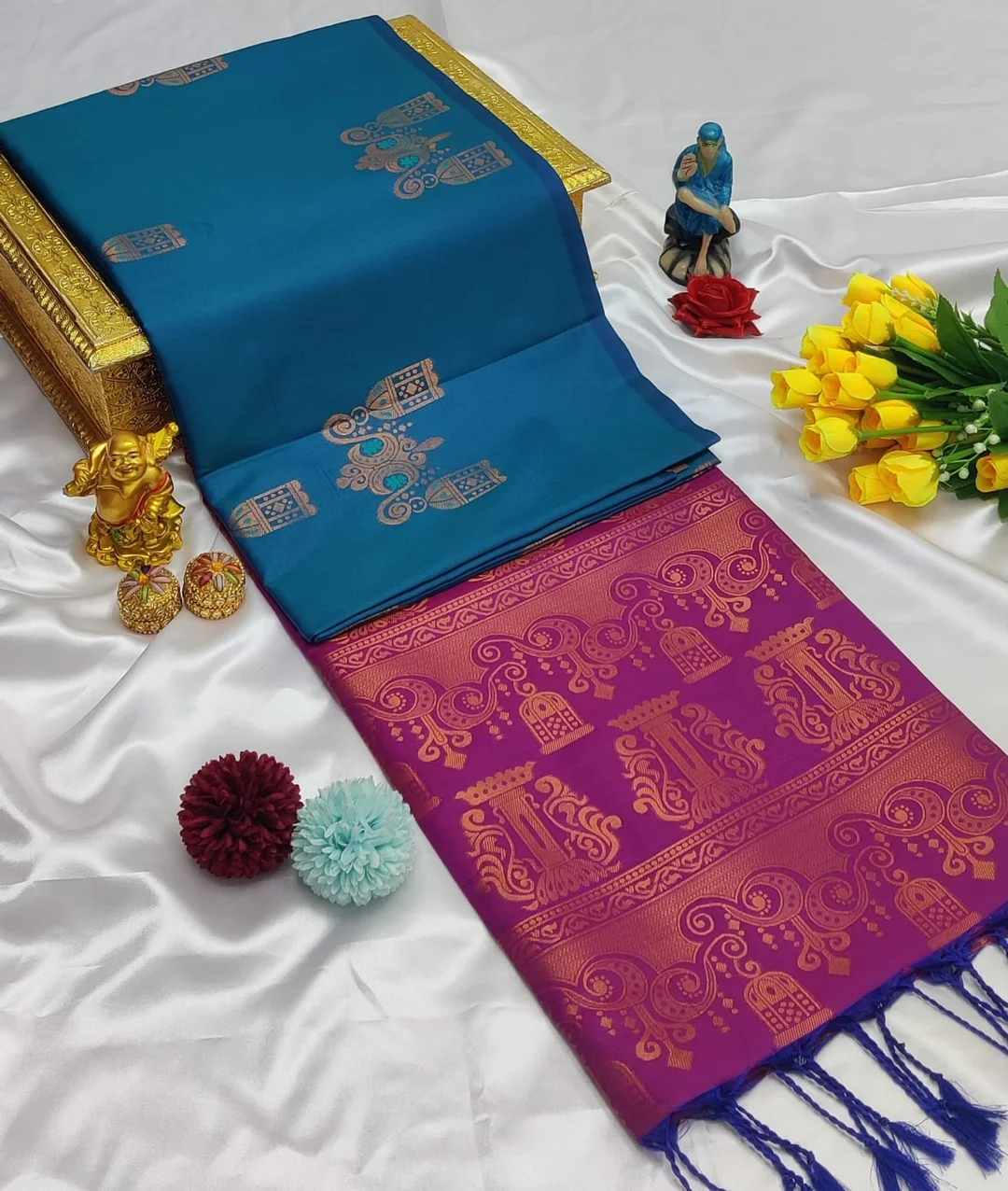 Exquisite Dual-Tone Pattu Silk Saree in Peacock Blue | Deep Fuchsia featuring Traditional Temple Motifs and Rich Zari Pallu image 1
