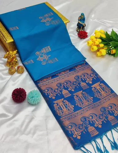 Royal Peacock Blue Soft Banarasi Silk Saree with Antique Copper Zari Weaving and Intricate Temple Bell Motif Pallu thumbnail 0