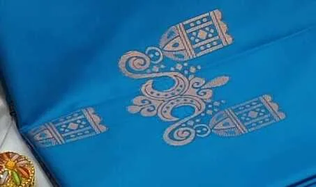 Royal Peacock Blue Soft Banarasi Silk Saree with Antique Copper Zari Weaving and Intricate Temple Bell Motif Pallu image 2