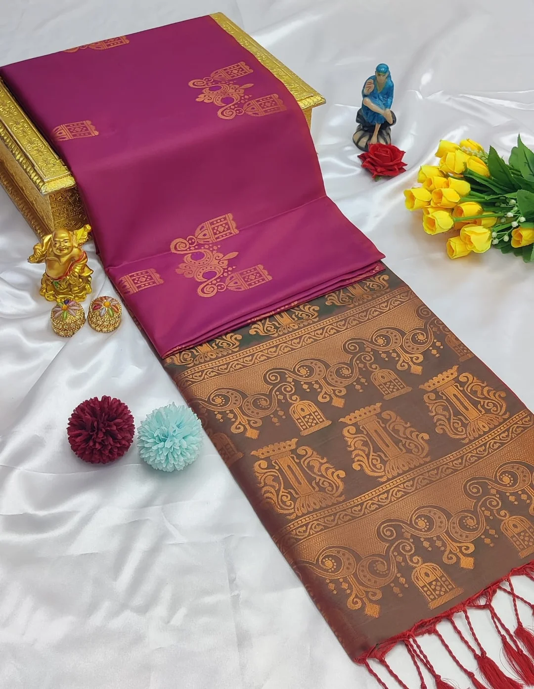 Elegant Magenta Pink | Bronze Kanchipuram Soft Silk Saree with Temple & Bird Butta Zari Border image 1