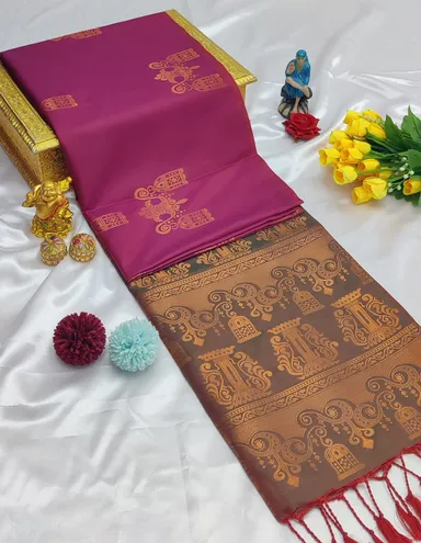 Elegant Magenta Pink | Bronze Kanchipuram Soft Silk Saree with Temple & Bird Butta Zari Border thumbnail 0