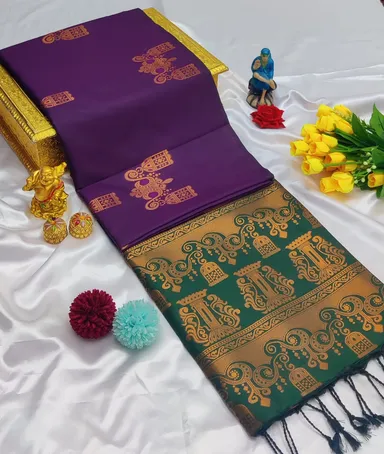 Regal Royal Purple and Emerald Green Dual-Tone Soft Silk Saree with Antique Gold Zari Weaving and Designer Tassels thumbnail 0
