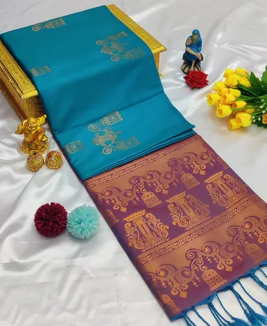 Royal Wine & Peacock Teal Kanchipuram Silk Saree with Antique Gold Zari thumbnail 0