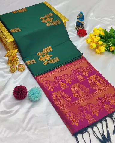Royal Emerald Green | Rani Pink Dual-Tone Soft Silk Saree with Traditional Golden Zari Temple & Jhumka Butta Weaving thumbnail 0