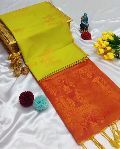 Premium Lime Green and Burnt Orange Kanchipuram Silk Saree with Traditional Jacquard Weave and Zari Border thumbnail 0