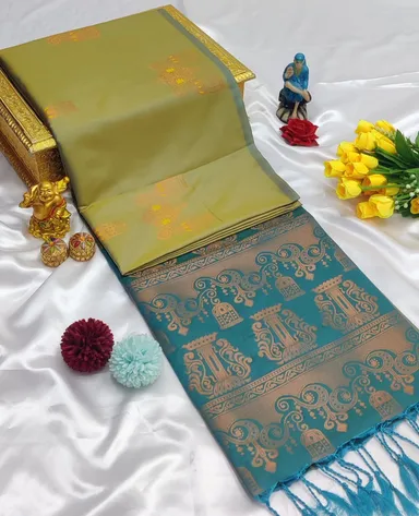Olive Green and Teal Blue Dual-Tone Soft Silk Saree with Traditional Copper Zari Weaving and Tasseled Pallu thumbnail 0