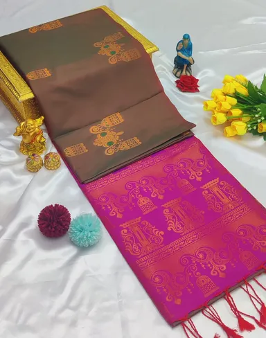 Traditional Dual-Tone Mustard | Rani Pink Kanchipuram Style Soft Silk Saree with Rich Zari Pallu and Intricate Temple Border thumbnail 0