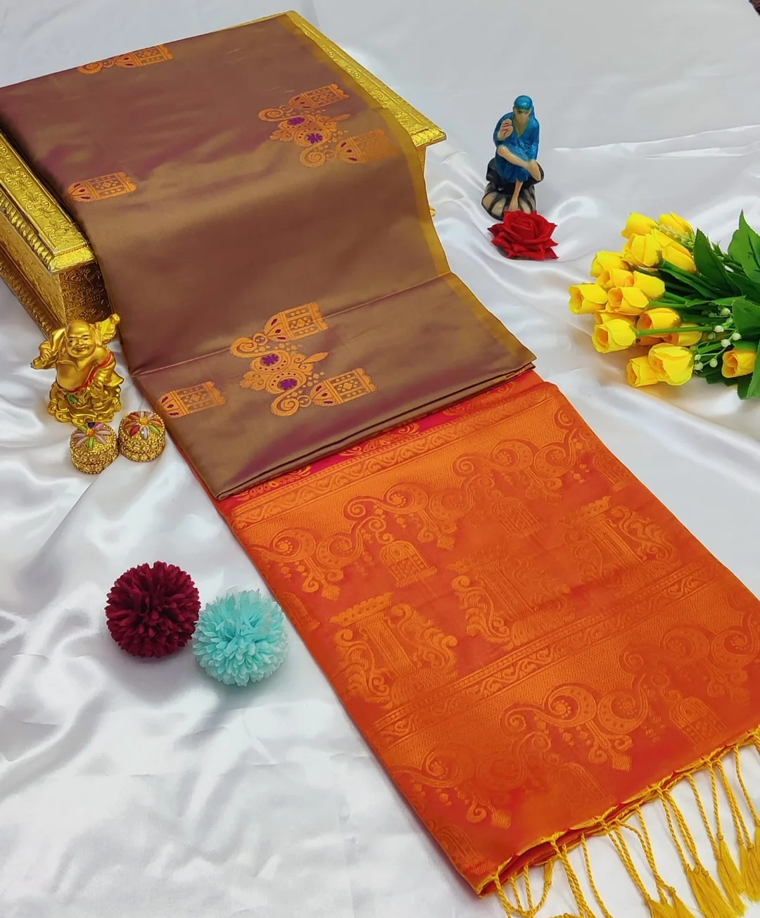 Dual-Tone Copper & Orange Kanchipuram Soft Silk Saree with Traditional Zari Border image 1