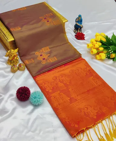 Dual-Tone Copper & Orange Kanchipuram Soft Silk Saree with Traditional Zari Border thumbnail 0