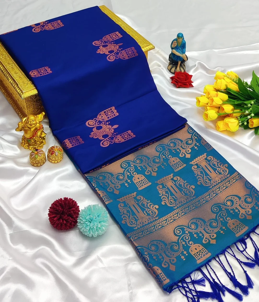 Premium Royal Blue | Teal Dual-Tone Banarasi Silk Saree with Rose Gold Zari Butta Work and Intricate Pallu Artistry image 1