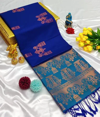 Premium Royal Blue | Teal Dual-Tone Banarasi Silk Saree with Rose Gold Zari Butta Work and Intricate Pallu Artistry thumbnail 0