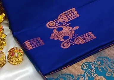 Premium Royal Blue | Teal Dual-Tone Banarasi Silk Saree with Rose Gold Zari Butta Work and Intricate Pallu Artistry thumbnail 1