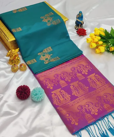 Exquisite Teal Green and Magenta Dual-Tone Soft Silk Saree with Traditional Gold Zari Butta Work and Heavy Pallu thumbnail 0