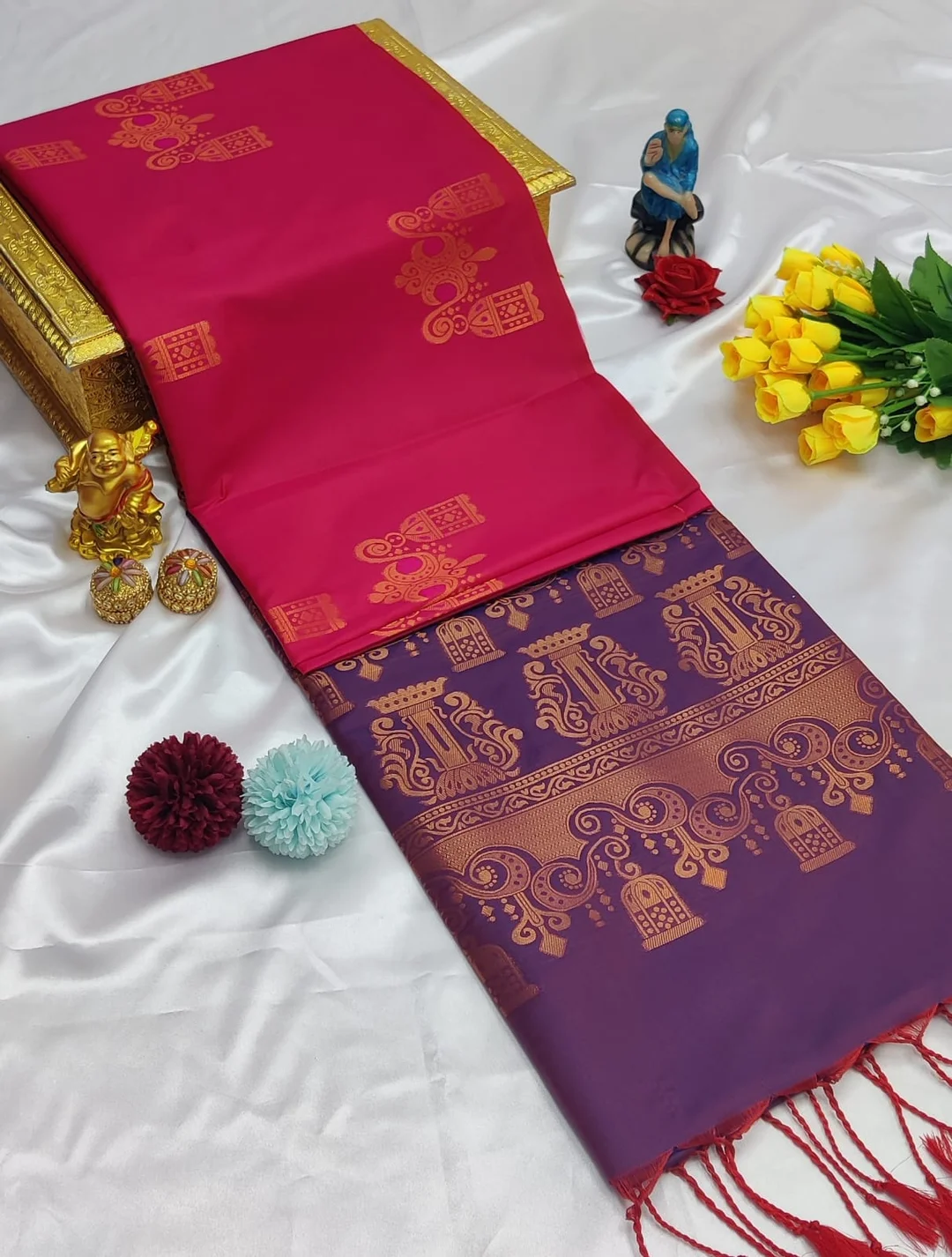 Rani Pink and Purple Contrast Soft Silk Saree with Rich Gold Zari Pallu image 1
