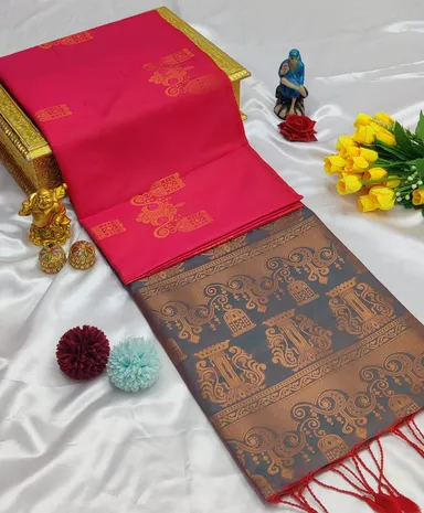 Exquisite Rani Pink | Anthracite Grey Dual-Tone Kanjivaram Soft Silk Saree with Antique Copper Zari Temple Brocade Pallu and Hand-Knotted Tassels thumbnail 0