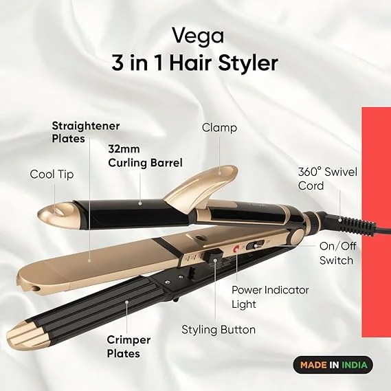 Vega 3 in 1 Hair Styler for Women Straightener Curler Crimper Quick Heat Styling Tool for All Hair Types Gold Black image 2