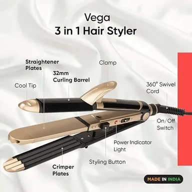 Vega 3 in 1 Hair Styler for Women Straightener Curler Crimper Quick Heat Styling Tool for All Hair Types Gold Black thumbnail 1