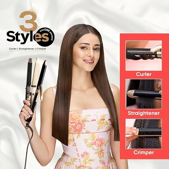 Vega 3 in 1 Hair Styler for Women Straightener Curler Crimper Quick Heat Styling Tool for All Hair Types Gold Black image 5