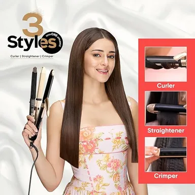 Vega 3 in 1 Hair Styler for Women Straightener Curler Crimper Quick Heat Styling Tool for All Hair Types Gold Black thumbnail 4